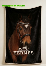 Hermès Chestnut Horse with Crystal Browband Flannel Throw Blanket IMG_5072